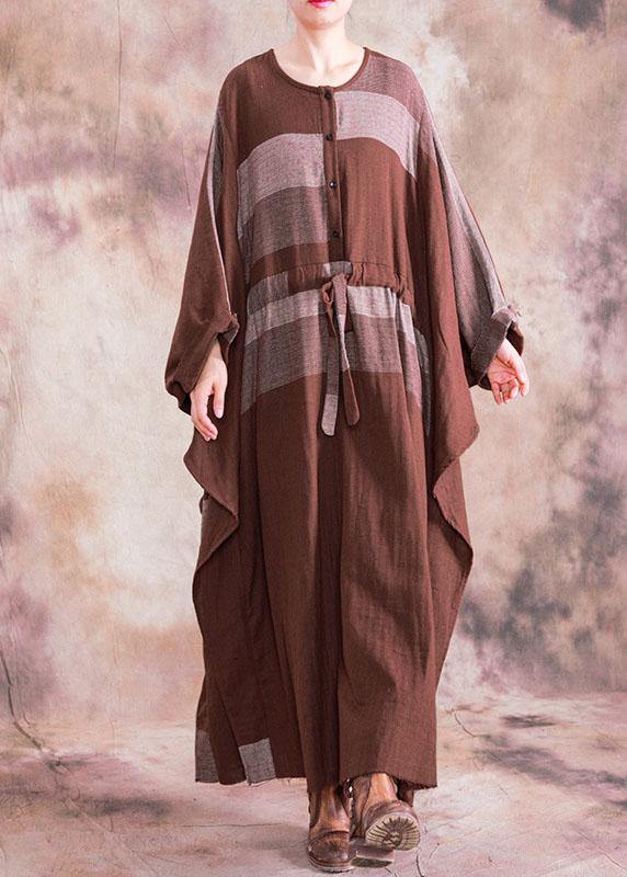 100% O Neck Asymmetric Linen Clothes for Brown Plaid Drawstring Dresses Fall