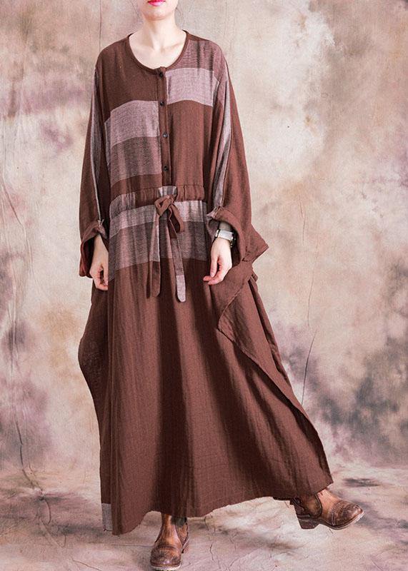 100% O Neck Asymmetric Linen Clothes for Brown Plaid Drawstring Dresses Fall