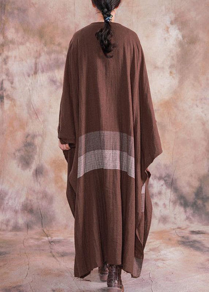 100% O Neck Asymmetric Linen Clothes for Brown Plaid Drawstring Dresses Fall
