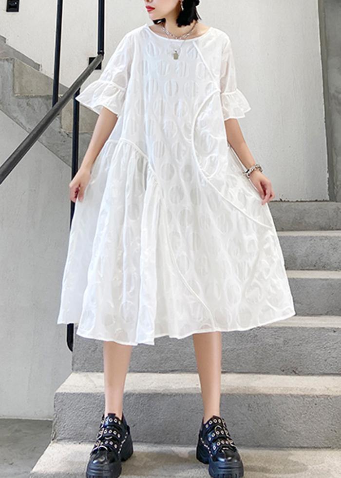100% O Neck Flare Sleeve Cotton Tunics for Fabrics White Dotted Dresses