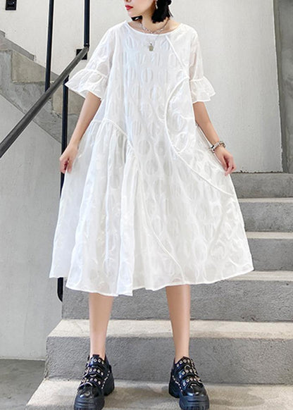 100% O Neck Flare Sleeve Cotton Tunics for Fabrics White Dotted Dresses
