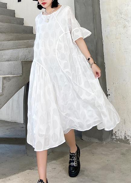 100% O Neck Flare Sleeve Cotton Tunics for Fabrics White Dotted Dresses