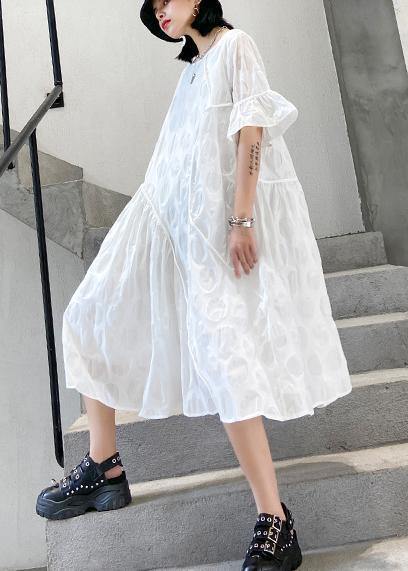 100% O Neck Flare Sleeve Cotton Tunics for Fabrics White Dotted Dresses