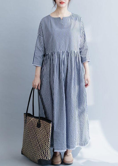 100% O Neck Half Sleeve Cotton Dresses Neckline Blue Striped Maxi Dress Fall