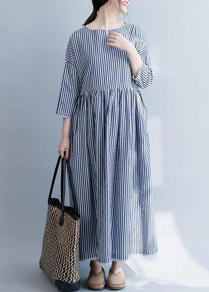 100% O Neck Half Sleeve Cotton Dresses Neckline Blue Striped Maxi Dress Fall