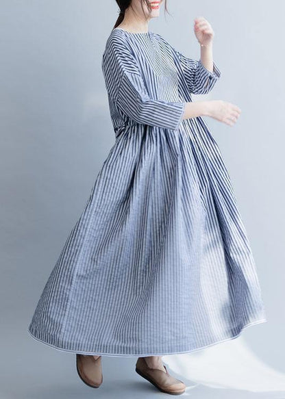 100% O Neck Half Sleeve Cotton Dresses Neckline Blue Striped Maxi Dress Fall