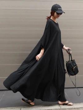 100% O Neck Large Hem Cotton Clothes Fabrics Black Dresses