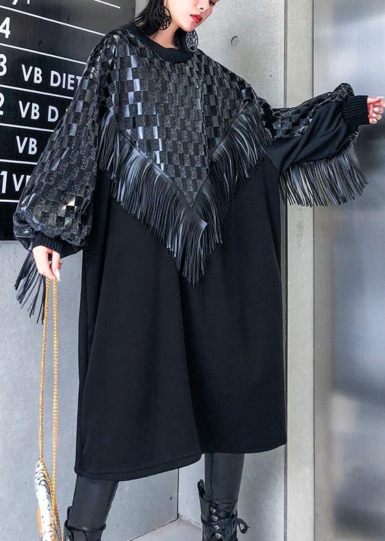 100% O Neck Patchwork Tassel Clothes Runway Black Plaid Maxi Dress