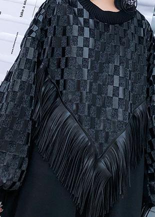 100% O Neck Patchwork Tassel Clothes Runway Black Plaid Maxi Dress
