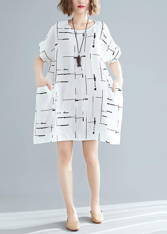 100% O Neck Pockets Cotton Blended Clothes for Stylish Wardrobes White Print Short Dress Summer