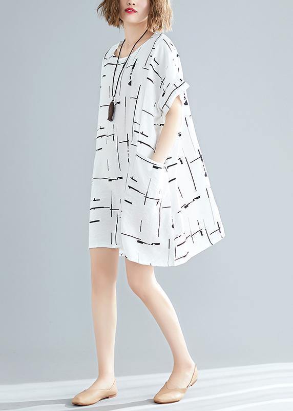 100% O Neck Pockets Cotton Blended Clothes for Stylish Wardrobes White Print Short Dress Summer