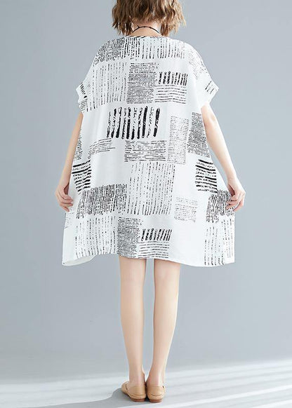 100% O Neck Pockets Cotton Blended Clothes for Stylish Wardrobes White Print Short Dress Summer