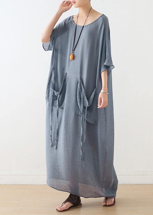 100% O Neck Pockets Cotton Clothes for Sewing Light Blue Cotton Robes Dress