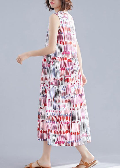 100% Red Striped Chiffon Clothes for O Neck Sleeveless Midi Dress