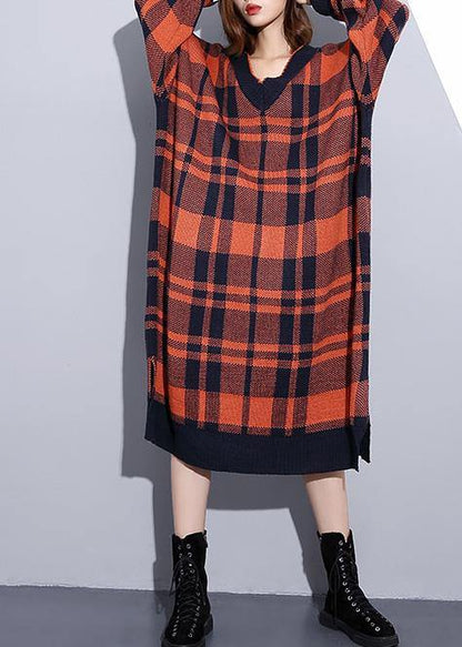 100% Side Open Cotton V Neck Dresses Shape Red Plaid Dresses