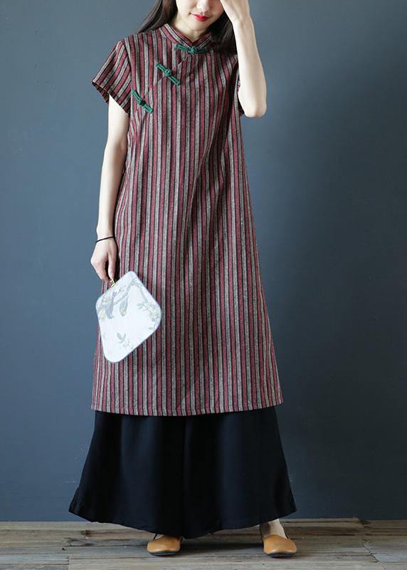 100% Striped Cotton Tunics Stand Collar Chinese Button Art Dress