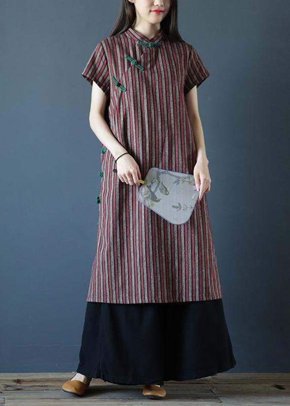 100% Striped Cotton Tunics Stand Collar Chinese Button Art Dress
