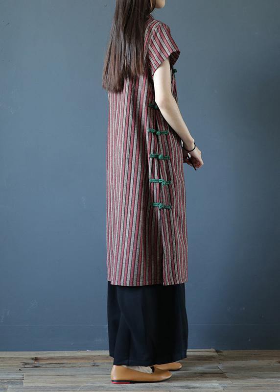 100% Striped Cotton Tunics Stand Collar Chinese Button Art Dress