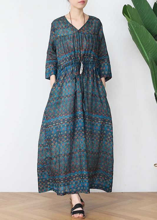 100% V Neck Drawstring Dress Pattern Green Dotted Robe Dress