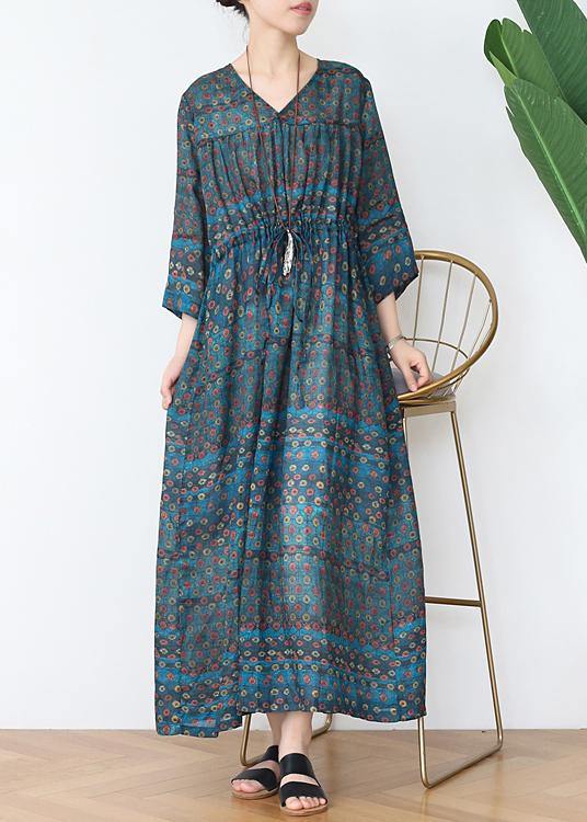 100% V Neck Drawstring Dress Pattern Green Dotted Robe Dress