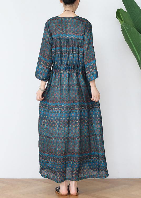 100% V Neck Drawstring Dress Pattern Green Dotted Robe Dress