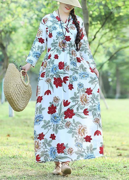 100% White Prints Cotton Wardrobes Fun Work Outfits V Neck Loose Summer Dress