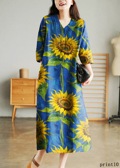 Yellow Loose Linen Long Dresses Button Half Sleeve