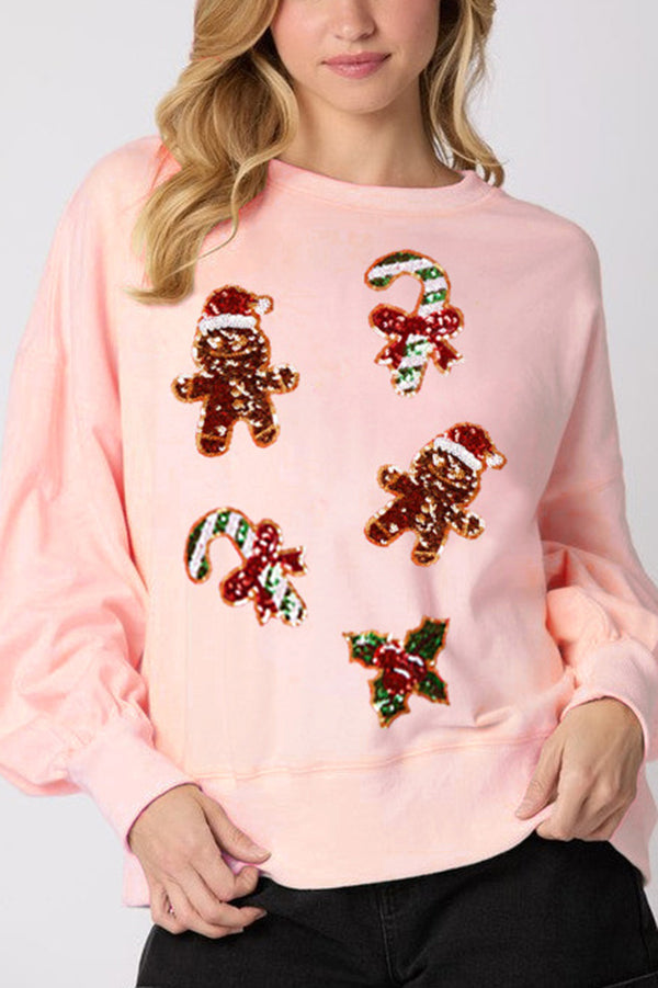 Christmas Gingerbread Man Sequin Casual Long-Sleeve Sweatshirt