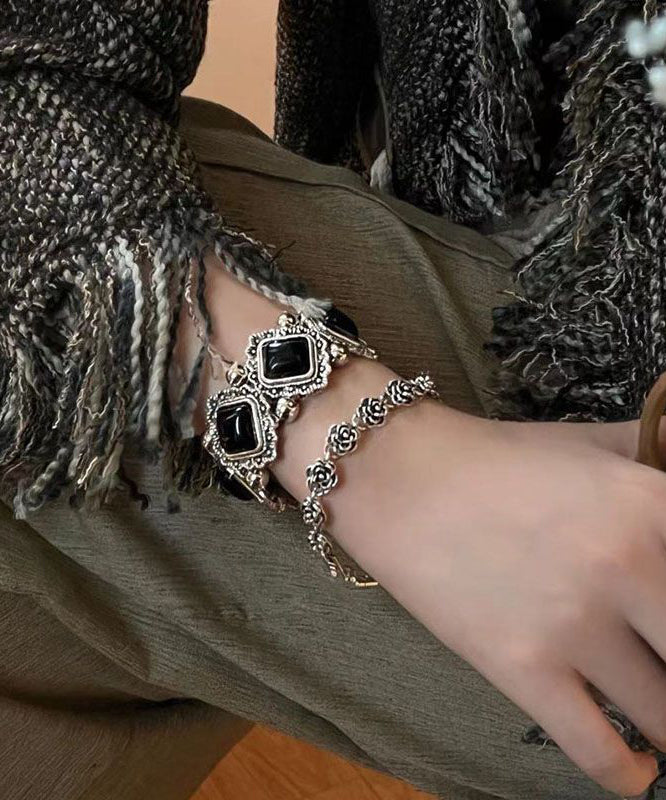 Modern Black Sterling Silver Gem Stone Two-piece Set Chain Bracelet