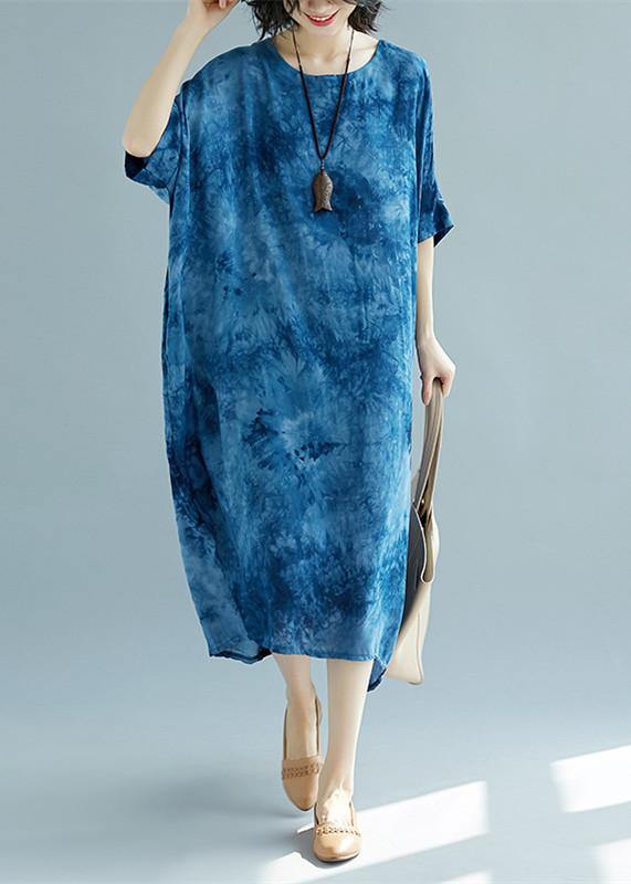 Blue Long Linen Dress O Neck Linen Clothing Dresses Short Sleeve Baggy Dresses Linen Caftans