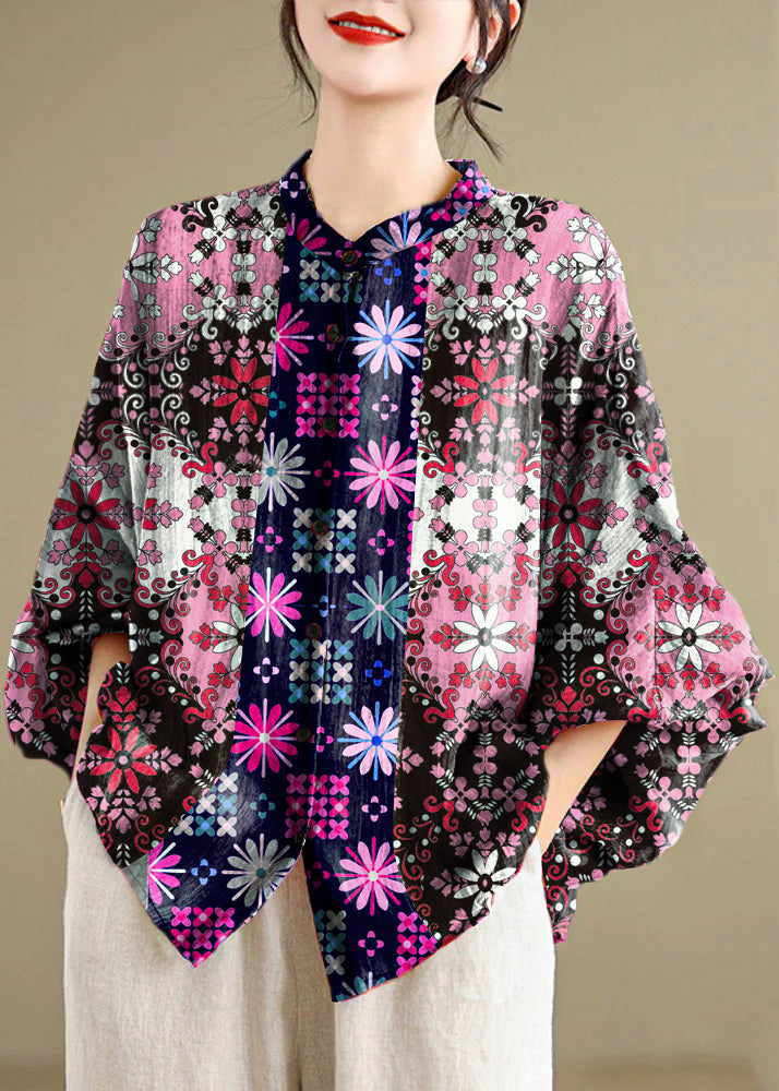 Loose Red Flower Button Linen Blouses Batwing Sleeve