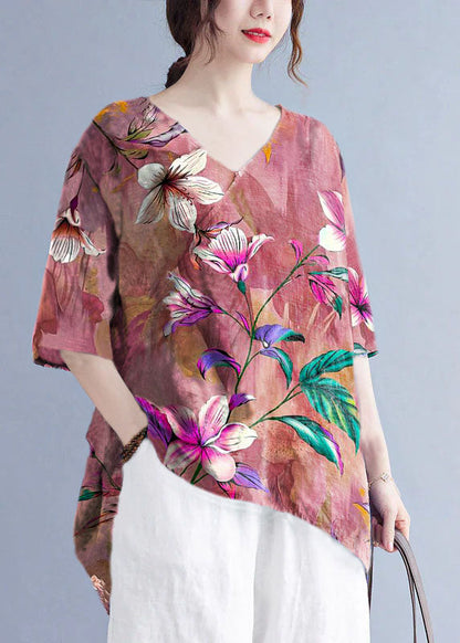 French Colorful Stripes V Neck Print Asymmetrical Design Fall Half Sleeve Shirt Top