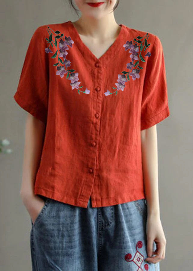Loose Pink V Neck Embroidered Summer Cotton Blend Shirt