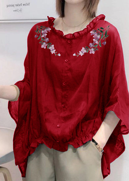 Art Dark Blue-pumpkin Tops Ruffles Trim Half Sleeve Shirts Blouse
