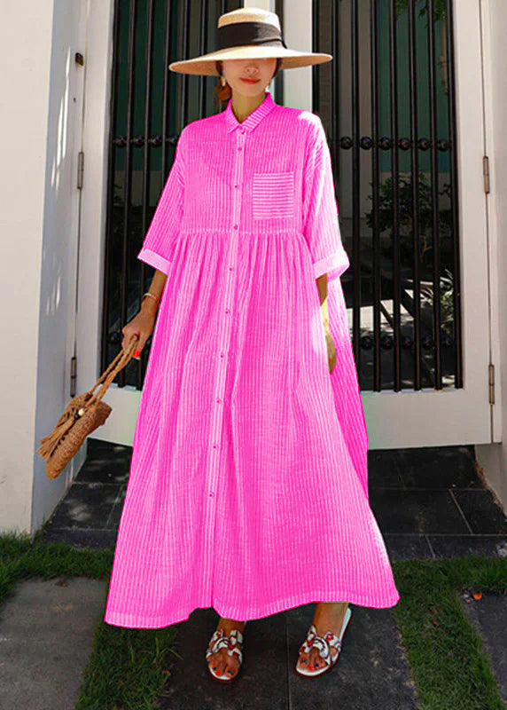 Pink Peter Pan Collar Striped Button Pockets Wrinkled Long Dresses Half Sleeve