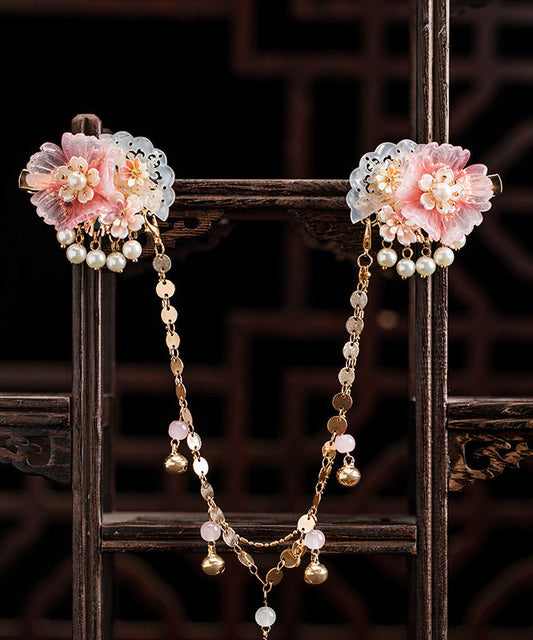 Pink Copper Alloy Pearl Resin Chain Peony Hairpin