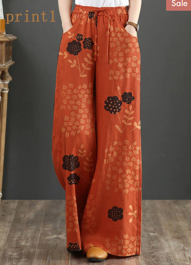 Orange-print2 Elastic Waist Linen Straight Pants Color Drawstring Summer