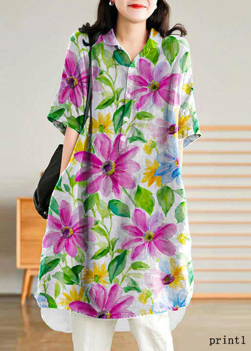 Khaki Print4 Linen Shirt Dresses O-neck Oversized Lantern Sleeve