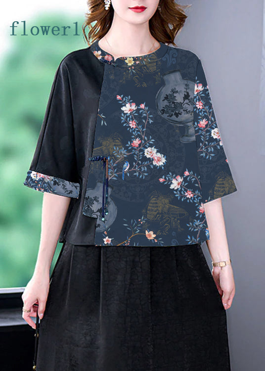 Flower4 O-neck Print Patchwork Top Bracelet Sleeve