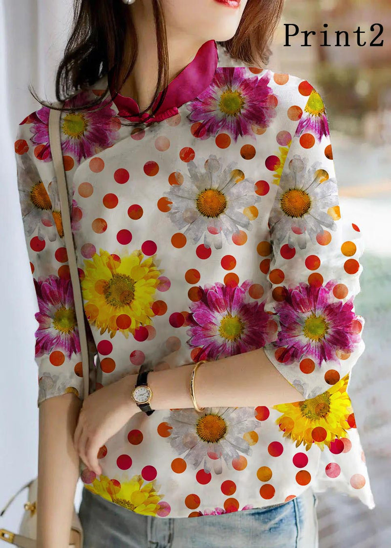 Unique Purple Flower Print Linen Blouses Spring