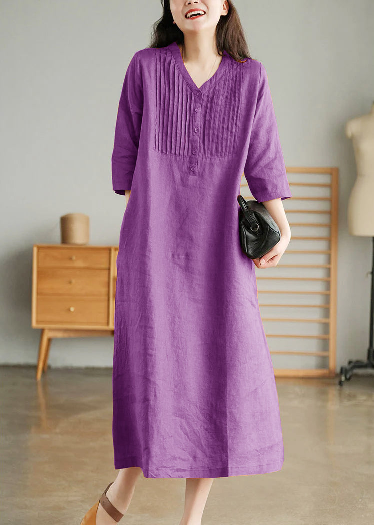 Blue Print10 Loose Linen Long Dresses Button Half Sleeve