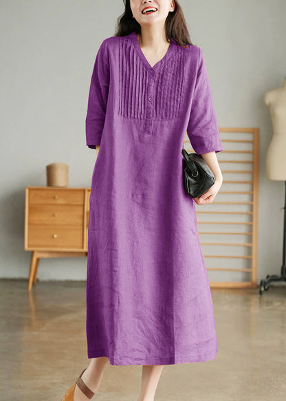 Blue Print10 Loose Linen Long Dresses Button Half Sleeve
