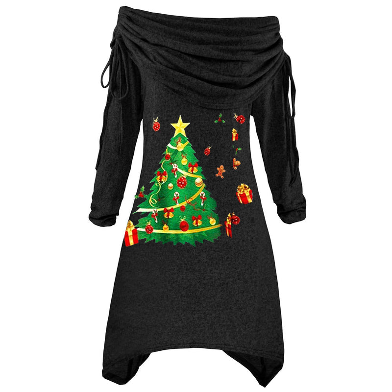 Women's Casual Christmas Dress with Off-Shoulder Design and Festive Print