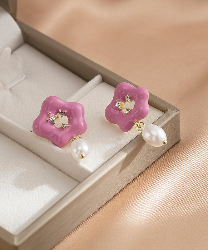Pink Alloy Pearl Drip Glaze Drop Earrings