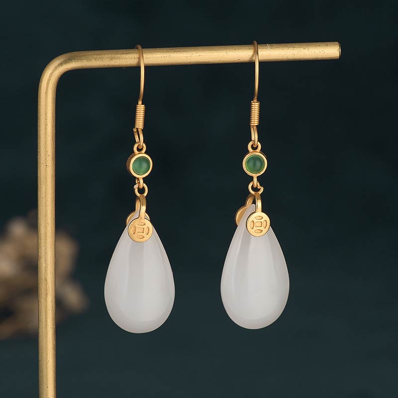 Buddha Stones Fengshui White Jade Luck Drop Earrings