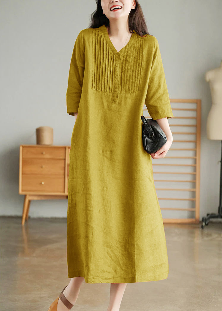 Orange Loose Linen Long Dresses Button Half Sleeve