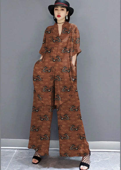Red Peter Pan Collar Shirt Wide Leg Pants Satin Two Pieces Set Spring