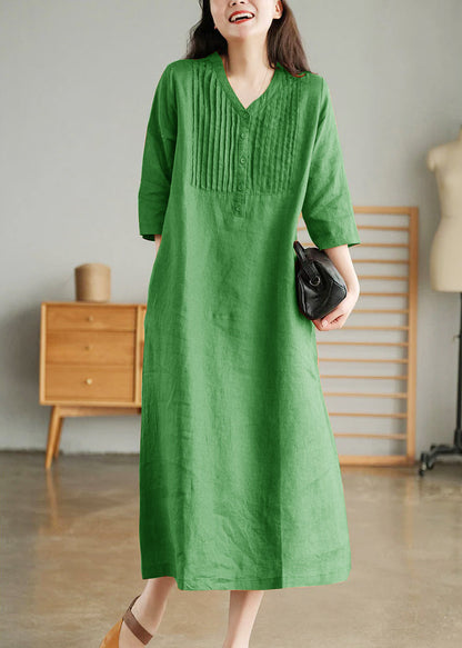 White Print8 Loose Linen Long Dresses Button Half Sleeve