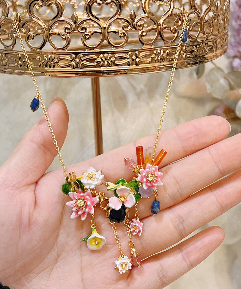 Gold Sterling Silver Overgild Dragonfly Gem Stone Lotus Leaf Pendant Necklace