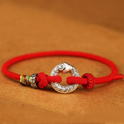 14-17cm Dark Red String 999 Sterling Silver Peace Buckle Strength Bracelet